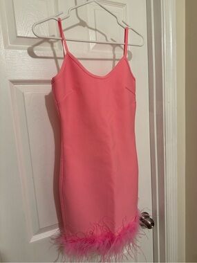 Fashion Nova Yvana Pink Bandage Mini Dress with Feather Hem